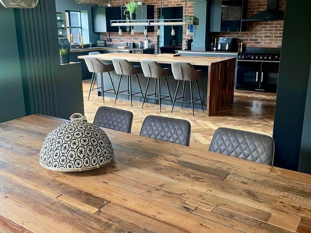Modern open plan kitchen with bar stools